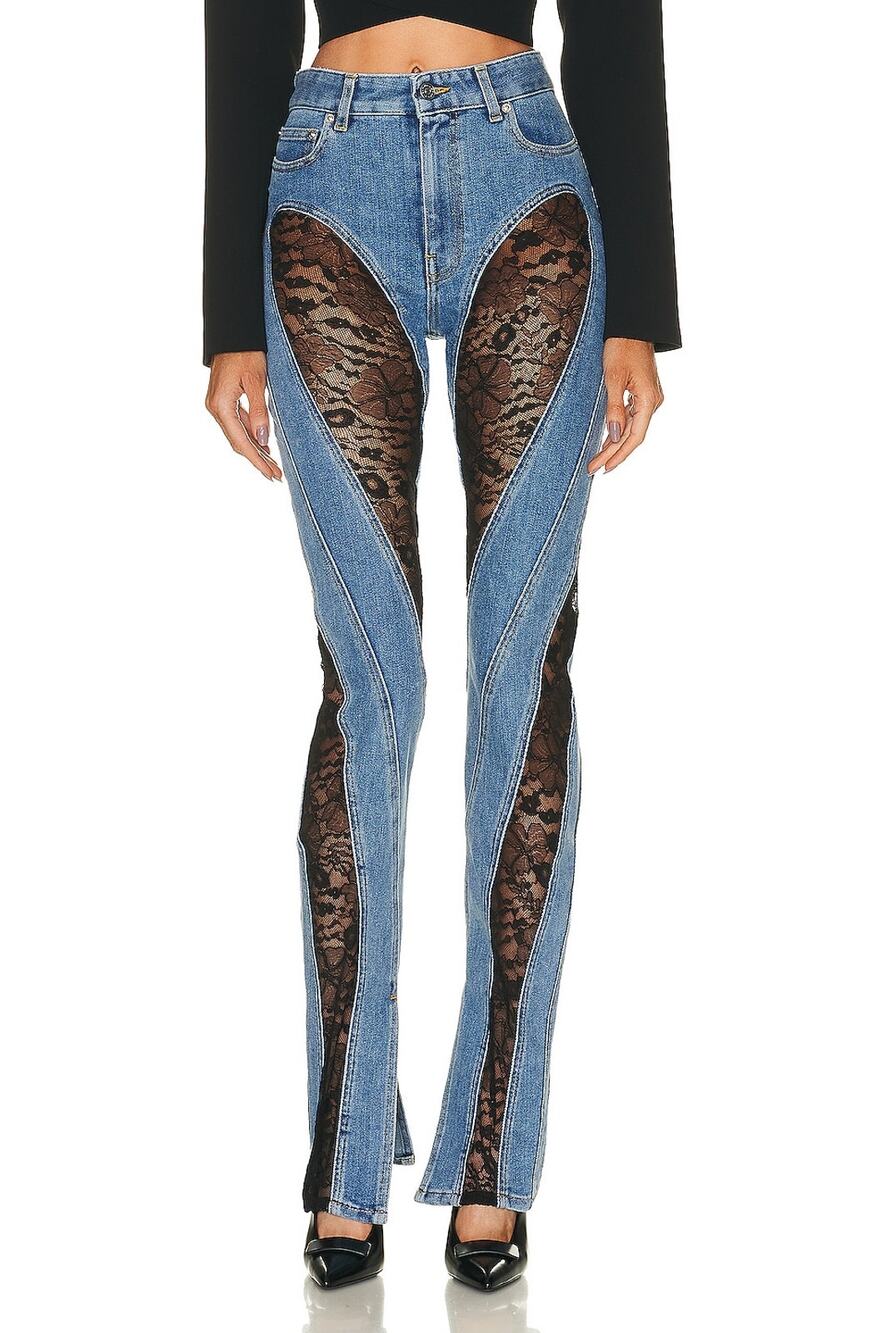 Mugler Paneled Blue Spiral Lace Skinny Denim Jeans Size 36 EU / US S NWT